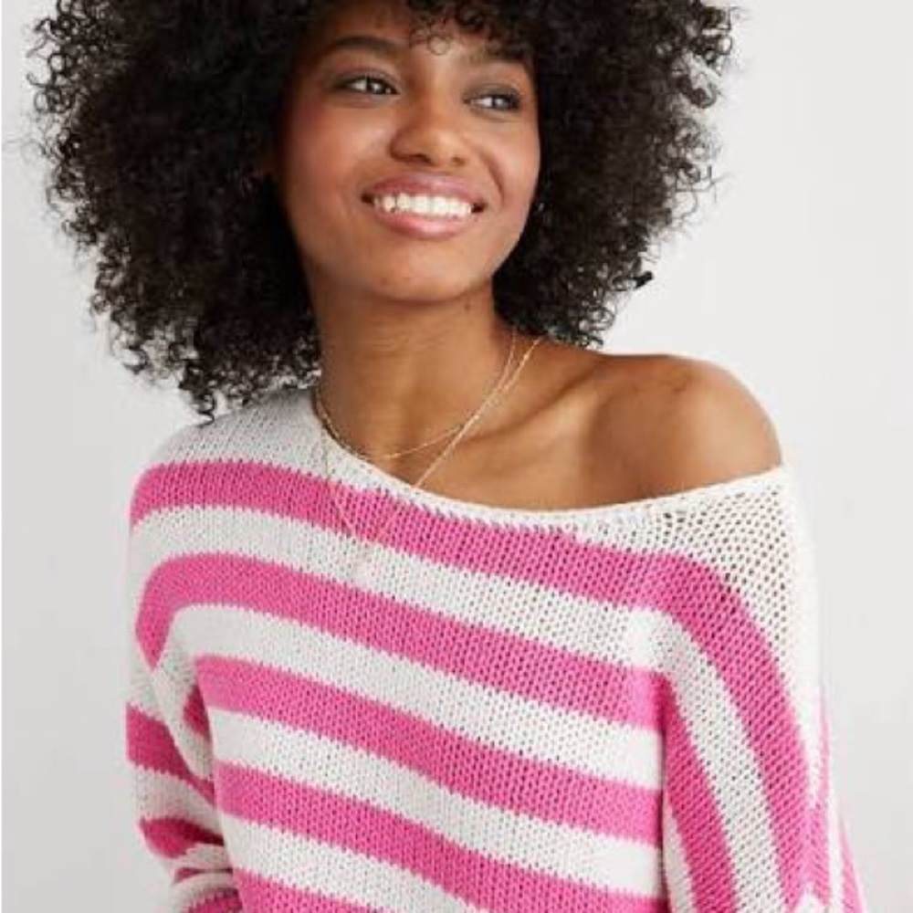 Chic Off-the-Shoulder Pink and White Sweater